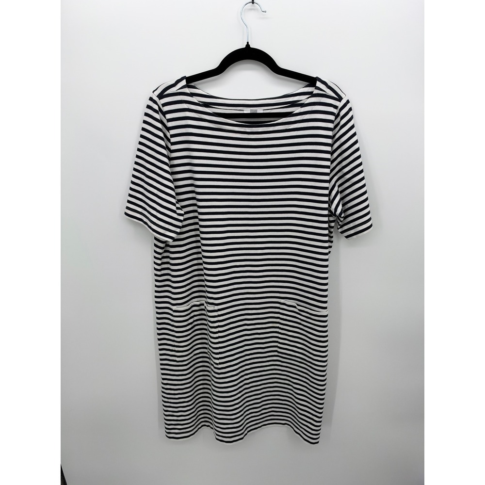 J. Jill Black White Striped Cotton Boat Neck Pocket Shift Dress XL Petite Casual